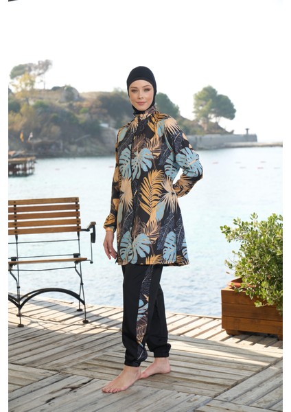 kadın Tam Kapalı Fermuarlı Palmiye Desenli Tesettür Mayo Siyah modelleri