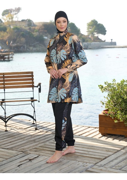 kadın Tam Kapalı Fermuarlı Palmiye Desenli Tesettür Mayo Siyah fırsatları