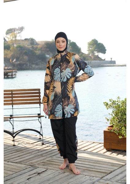 kadın Tam Kapalı Fermuarlı Palmiye Desenli Tesettür Mayo Siyah indirimleri