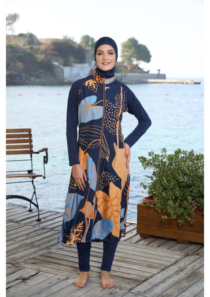 kadın Tam Kapalı Tam Boy Fermuarlı Yaprak Desenli Tesettür Mayo Lacivert