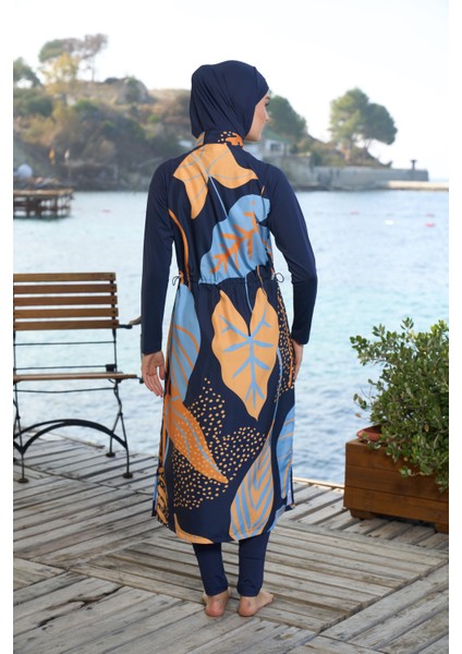 kadın Tam Kapalı Tam Boy Fermuarlı Yaprak Desenli Tesettür Mayo Lacivert fiyatları