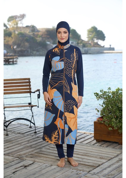 kadın Tam Kapalı Tam Boy Fermuarlı Yaprak Desenli Tesettür Mayo Lacivert modelleri
