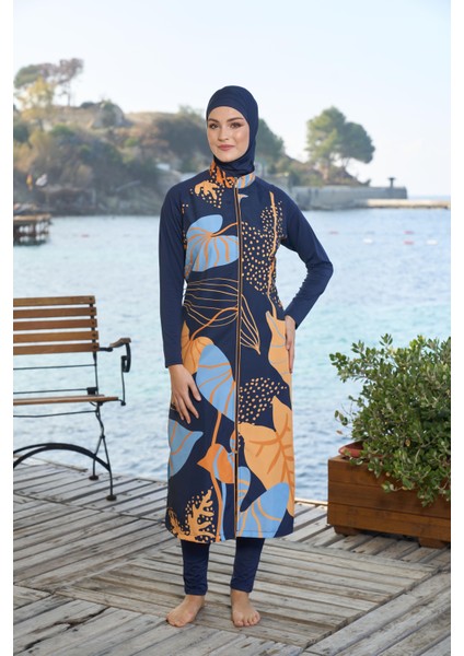 kadın Tam Kapalı Tam Boy Fermuarlı Yaprak Desenli Tesettür Mayo Lacivert fırsatları