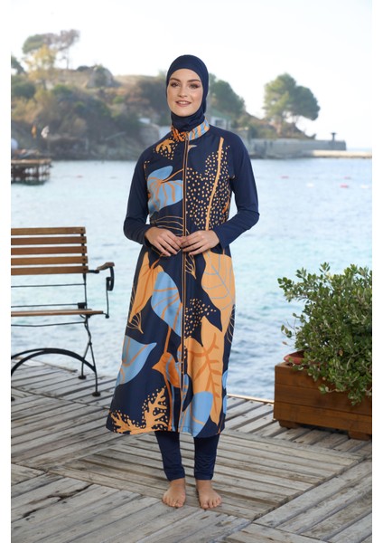 kadın Tam Kapalı Tam Boy Fermuarlı Yaprak Desenli Tesettür Mayo Lacivert indirimleri
