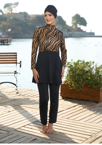 kadın Tam Kapalı Kaplan Desenli Tesettür Mayo Siyah modelleri