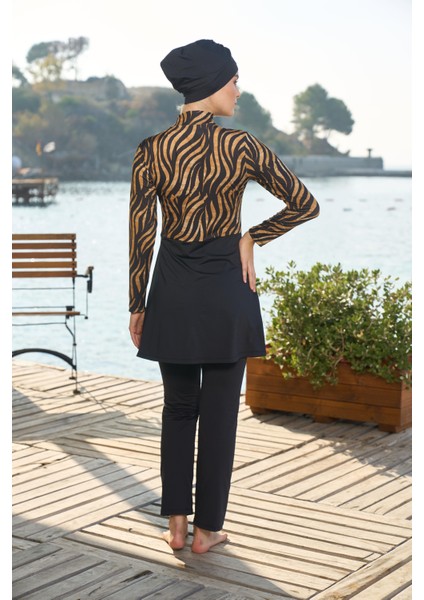 kadın Tam Kapalı Kaplan Desenli Tesettür Mayo Siyah fırsatları