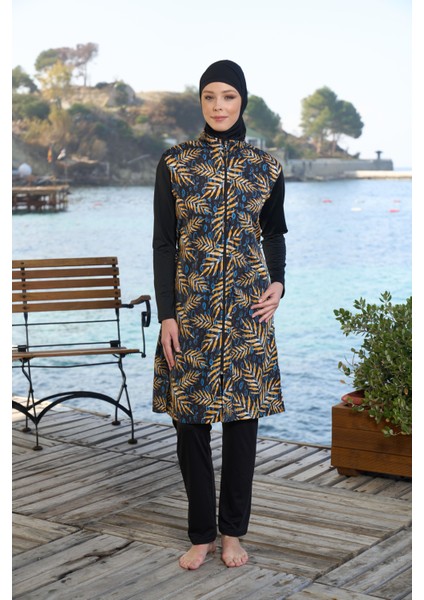 kadın Tam Kapalı Fermuarlı Yaprak Desenli Tesettür Mayo Siyah