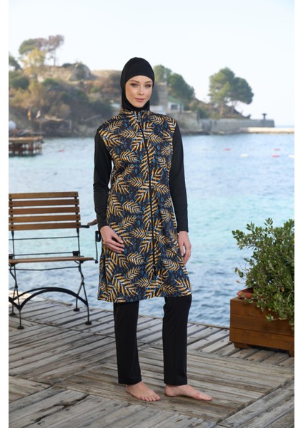 kadın Tam Kapalı Fermuarlı Yaprak Desenli Tesettür Mayo Siyah fiyatları