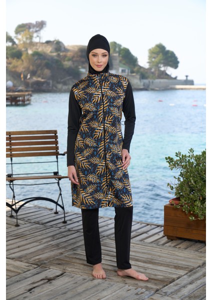 kadın Tam Kapalı Fermuarlı Yaprak Desenli Tesettür Mayo Siyah modelleri