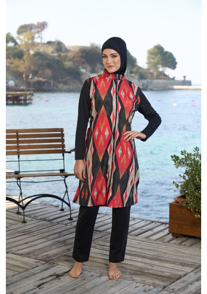 kadın Tam Kapalı Fermuarlı Geometrik Desenli Tesettür Mayo Siyah indirimleri