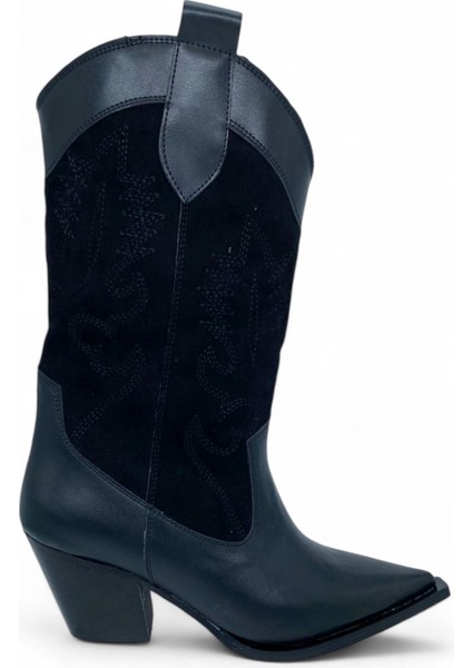 Işlemeli Siyah Topuklu Kadın Kovboy Çizme- Western Charm