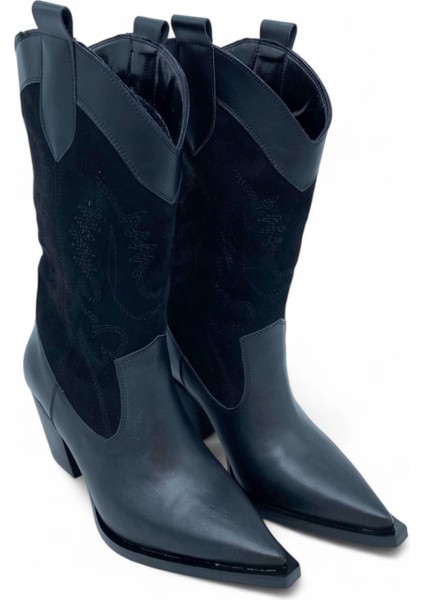 Işlemeli Siyah Topuklu Kadın Kovboy Çizme- Western Charm fiyatları