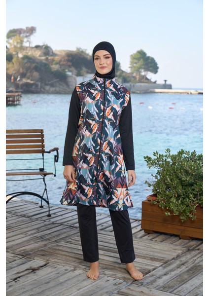 kadın Tam Kapalı Fermuarlı Çizgi Desenli Tesettür Mayo Siyah modelleri