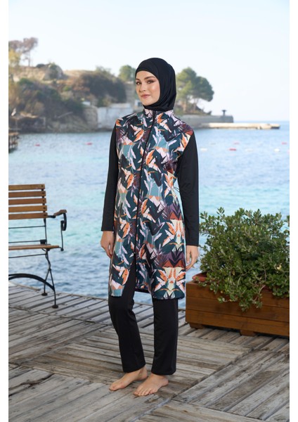 kadın Tam Kapalı Fermuarlı Çizgi Desenli Tesettür Mayo Siyah indirimleri