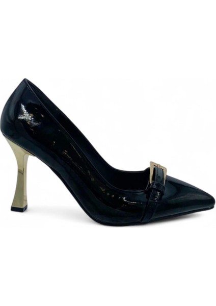Gold Tokalı Rugan Altın Topuk Kadın Siyah Stiletto - Golden Luxe