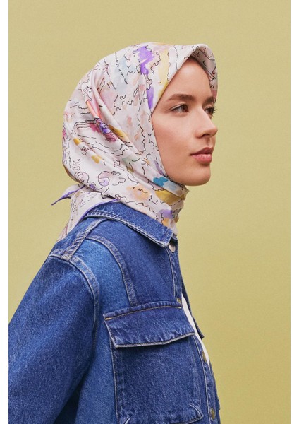 Geometrik Desenli Saf İpek Twill Eşarp 9354 03