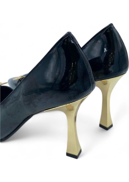Gold Tokalı Rugan Altın Topuk Kadın Siyah Stiletto - Golden Luxe modelleri