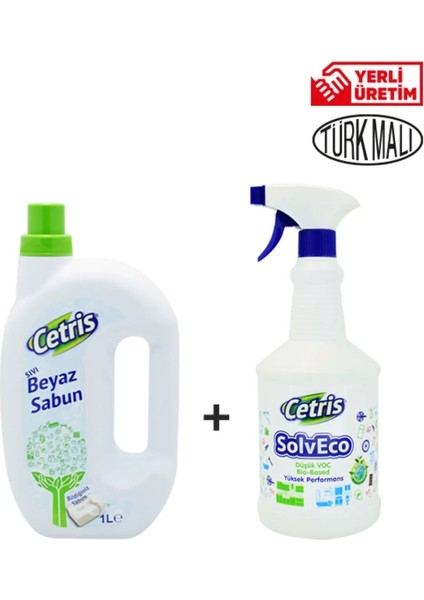 Sıvı Beyaz Sabun 1 lt & Cetris Solveco 1 lt Yüksek Performanslı Leke Sökücü ve Yüzey Temizleyici