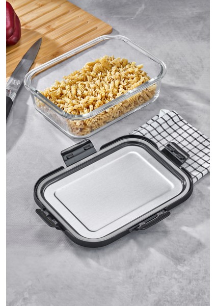 1500 ml Cam Saklama Kabı – Paslanmaz Çelik Kapaklı, Büyük Boy, Gıda Saklama Kabı