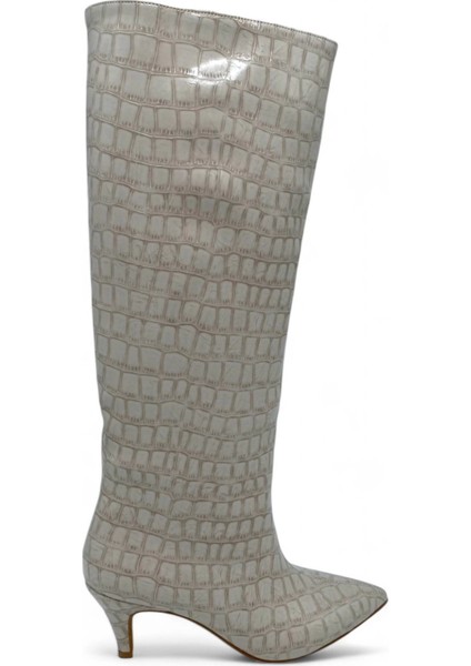Krem Krokodil Desenli Kısa Topuklu Kadın Çizme - Ivory Luxe