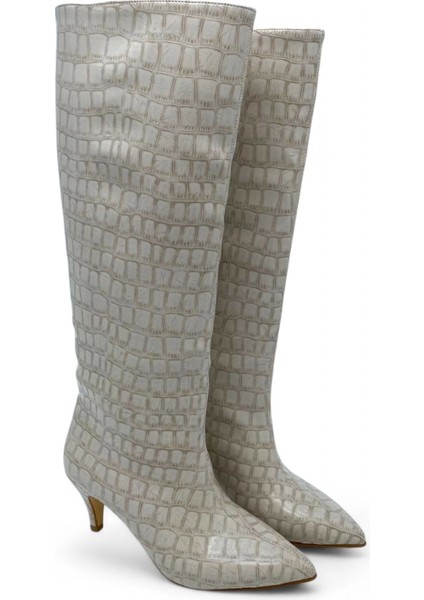 Krem Krokodil Desenli Kısa Topuklu Kadın Çizme - Ivory Luxe fiyatları