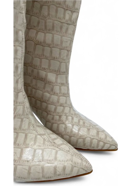 Krem Krokodil Desenli Kısa Topuklu Kadın Çizme - Ivory Luxe modelleri