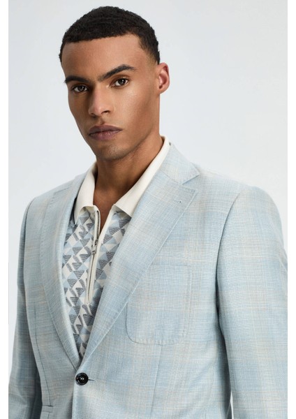 İpek-Yün Karışım Ekose Desen Orta Mavi Blazer Ceket