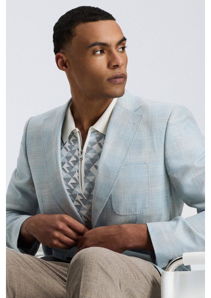 İpek-Yün Karışım Ekose Desen Orta Mavi Blazer Ceket fırsatları