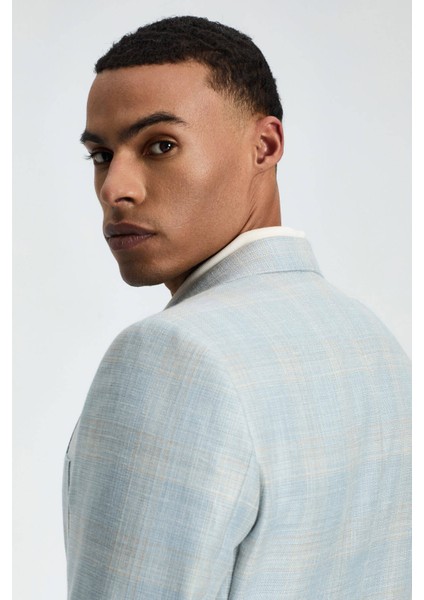 İpek-Yün Karışım Ekose Desen Orta Mavi Blazer Ceket indirimleri