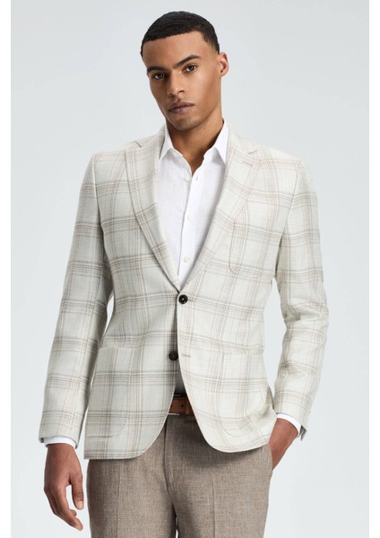 Ipek-Yün Karışım Ekose Desenli Krem Rengi Blazer Ceket