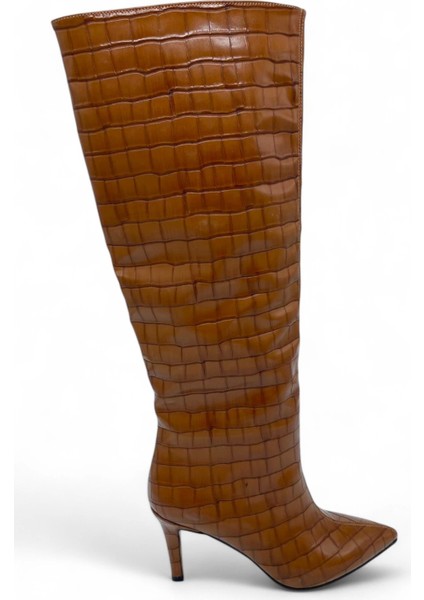 Taba Renk Krokodil Desenli Uzun Topuklu Rugan Kadın Çizme - Bronze Shine