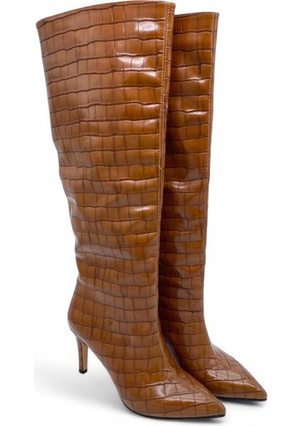Taba Renk Krokodil Desenli Uzun Topuklu Rugan Kadın Çizme - Bronze Shine fiyatları