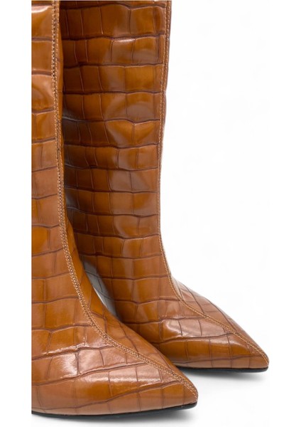 Taba Renk Krokodil Desenli Uzun Topuklu Rugan Kadın Çizme - Bronze Shine modelleri