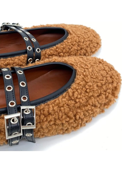 Çift Toka Detaylı Peluş Taba Kadın Babet - Teddy Luxe modelleri