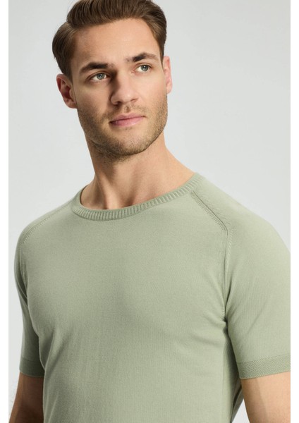 Bisiklet Yaka Yeşil Giza Pamuk Triko T-Shirt