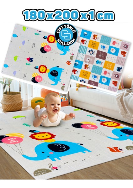 Arkadaşım Fil + Bilgili Kutular , Katlanabilir Çocuk Oyun Halısı - Ekstra Large - 180X200X1 cm - Taşıma Çantası Yanında
