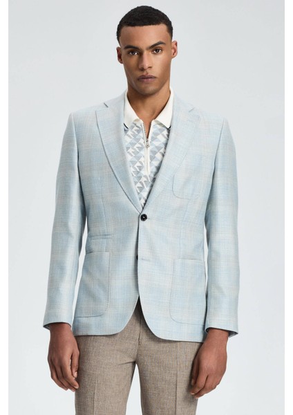 Ipek-Yün Karışım Ekose Desenli Orta Mavi Blazer Ceket