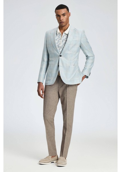 Ipek-Yün Karışım Ekose Desenli Orta Mavi Blazer Ceket