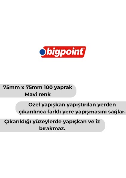 | Yapışkanlı Not Kağıdı 75X75MM 100 Yaprak Mavi – Iz Bırakmadan Çıkar