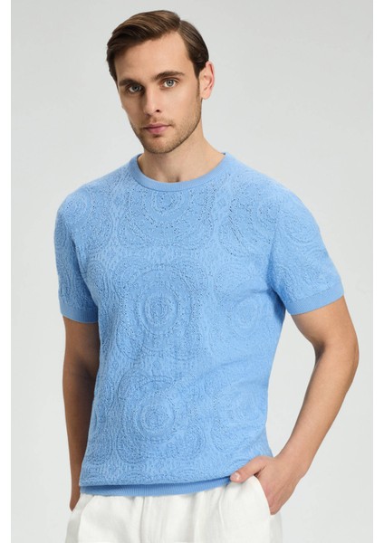 Örgü Desen Orta Mavi Bisiklet Yaka T-Shirt