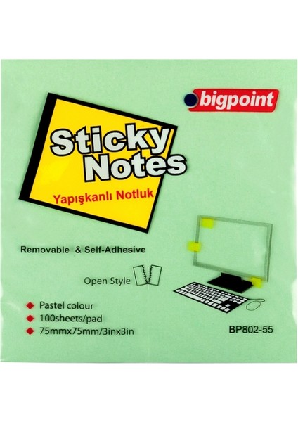 | Yapışkanlı Not Kağıdı 75X75MM 100 Yaprak Yeşil – Iz Bırakmadan Çıkar
