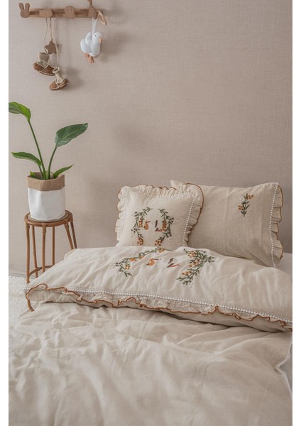 Polina Kız Bebek Nevresim Takımı %100 Keten El Nakışlı Bej 100X150 cm