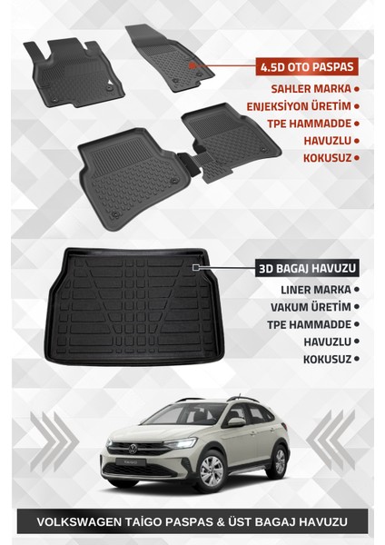 Volkswagen Taigo 2021+ Uyumlu 4.5d Premium Havuzlu Paspas ve Liner Marka 3D Üst Bagaj Havuzu