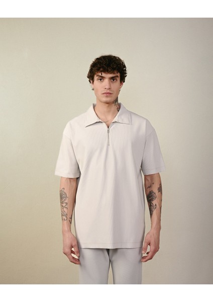 Yarım Fermuar Fitilli Oversize T-Shirt
