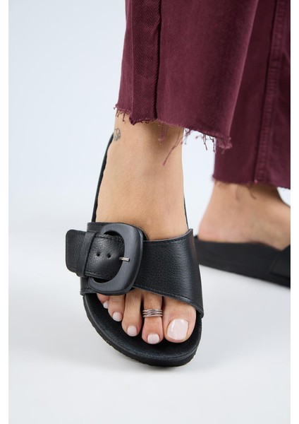 (Alandra 2 ) Kadın Deri Tek Tokalı Siyah Terlik