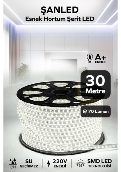 Hortum Esnek Şerit LED Beyaz Işık + 220V FIŞ/1,2,3,4,5,10,15,20,25,50,100 Metre