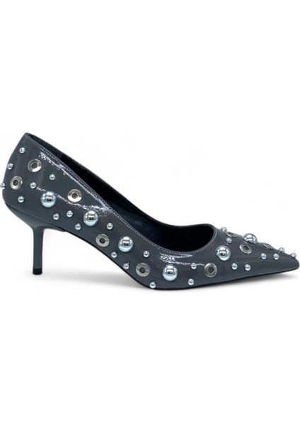 Troklu Metal Detaylı Gri Kadın Stiletto - Bold Edge