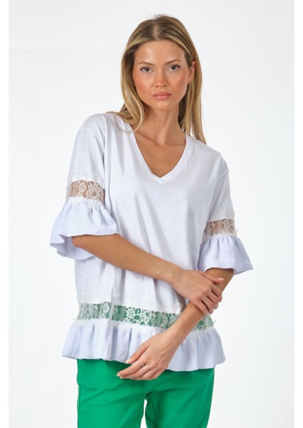 Oversize V Yaka Dantelli Kadın T-Shirt - Günlük Stil modelleri