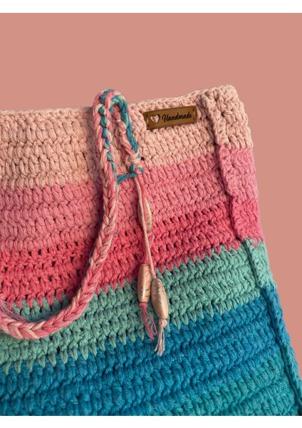 Pembe ve Mavi Renk Geçişli Boncuk Detaylı Örgü El Çantası