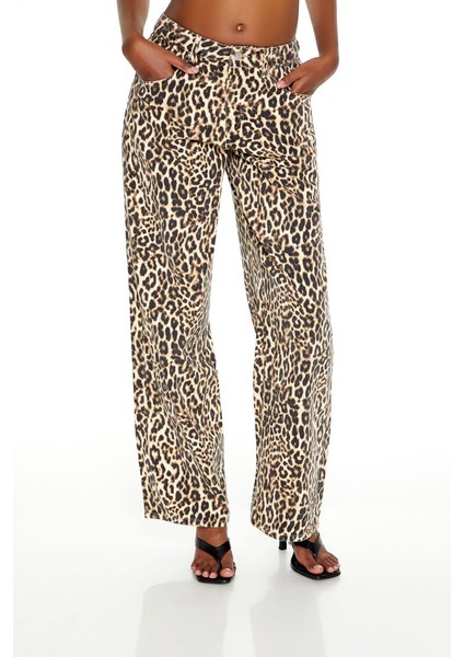 Leopar Desenli Baggy Jean Pantolon